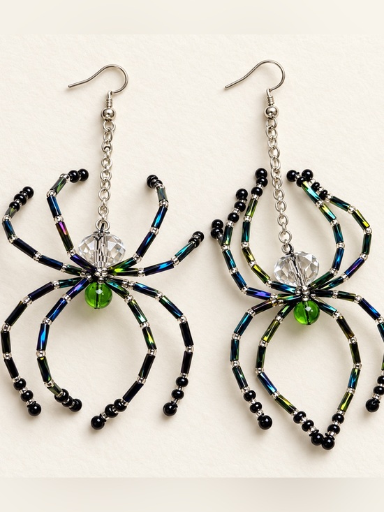 Artisan Jewelry - Spider Earrings Made With Green Glass Beads Artisan Designed